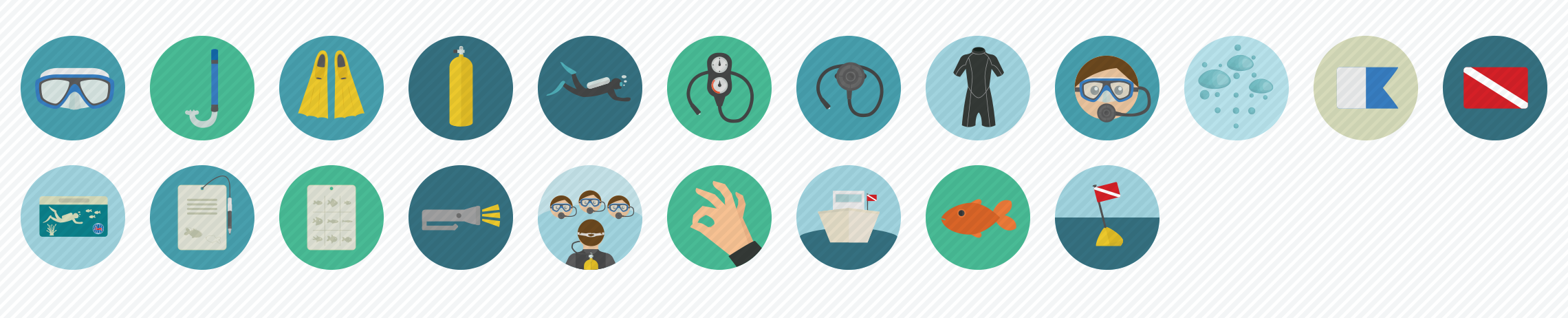 scuba diving flat icons set