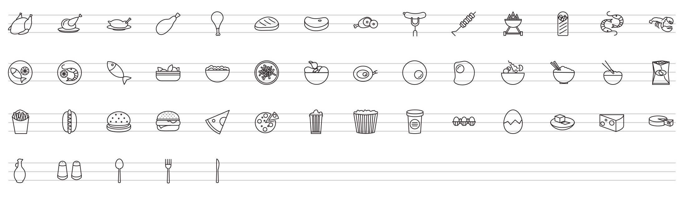foods and meals line icons