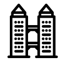 two buildings with bridges line Icon
