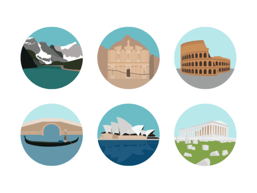 world monuments flat round icons